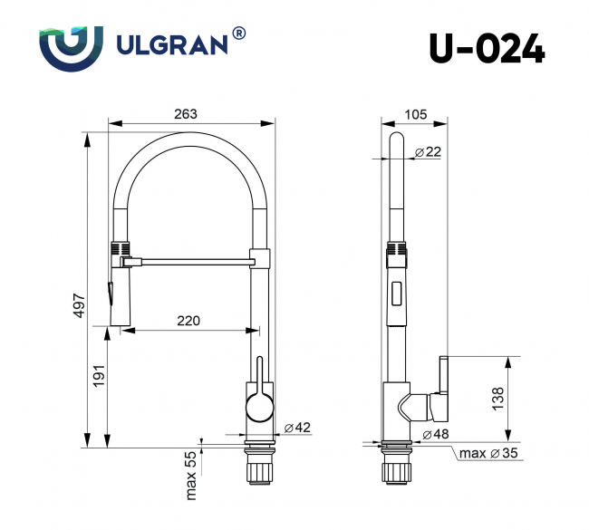 Смеситель для кухни Ulgran U-024 однорычажный, с высоким гибким изливом, ультра-белый Смеситель для кухни Ulgran U-024 однорычажный, с высоким гибким изливом, ультра-белый