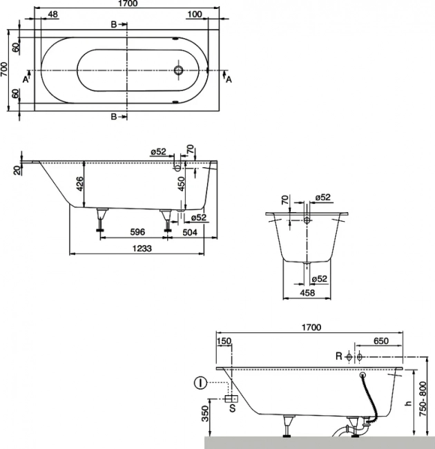Квариловая ванна Villeroy & Boch Oberon UBQ177OBE2V-01 170x70 см, встраиваемая, цвет альпийский белый, на ножках