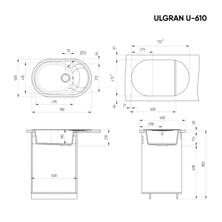 Кухонная мойка ULGRAN U-610 односекционная реверсивная, песочный Кухонная мойка ULGRAN U-610 односекционная реверсивная, песочный