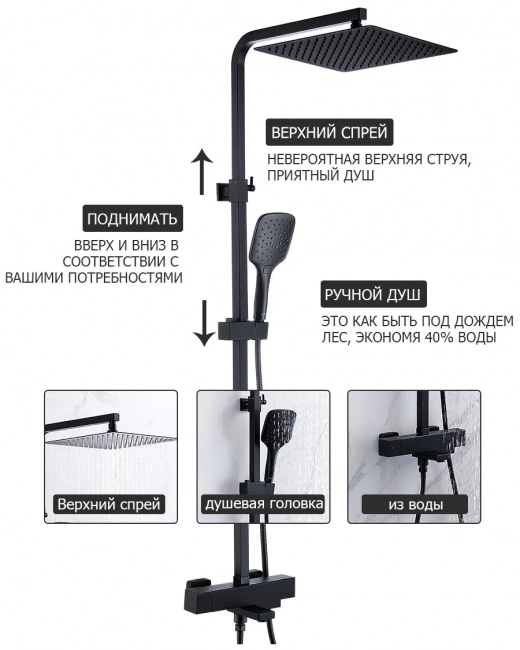 Душевая система Gappo G2417-60, с термостатом, черный Душевая система Gappo G2417-60, с термостатом, черный