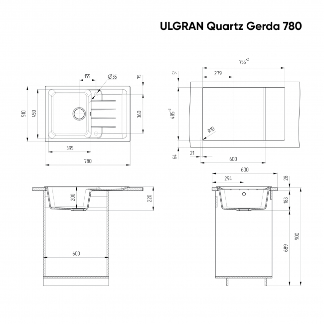 Кухонная мойка ULGRAN Quartz Gerda 780-05 реверсивная односекционная, бетон Кухонная мойка ULGRAN Quartz Gerda 780-05 реверсивная односекционная, бетон