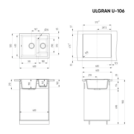 Кухонная мойка ULGRAN U-106 двухсекционная реверсивная, графитовый Кухонная мойка ULGRAN U-106 двухсекционная реверсивная, графитовый