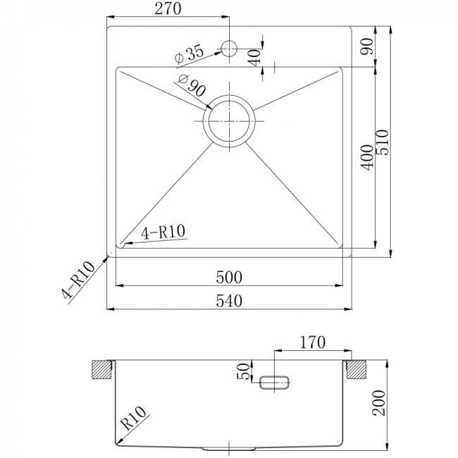 Кухонная мойка Lemark Olanga 540 (9937109) прямоугольная (54x51) из нержавеющей стали, сталь