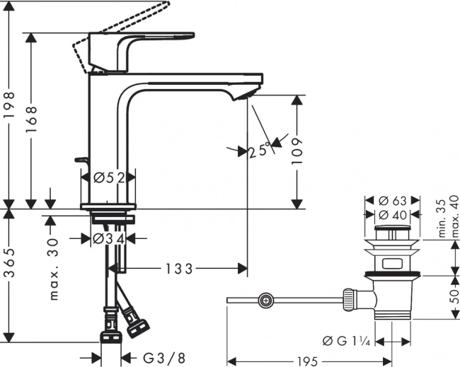 Смеситель для раковины Hansgrohe Rebris S 72517000 с донным клапаном, хром
