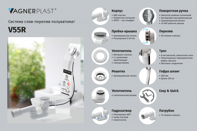 Полуавтоматический слив-перелив для ванны Vagnerplast  V55R, хром 